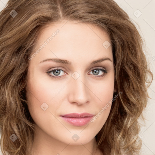 Joyful white young-adult female with long  brown hair and green eyes