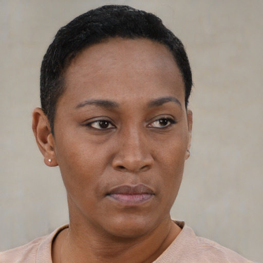 Neutral black young-adult female with short  black hair and brown eyes