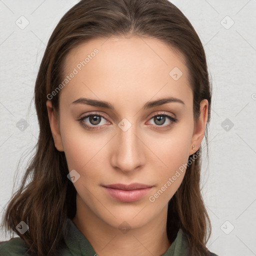 Neutral white young-adult female with long  brown hair and brown eyes