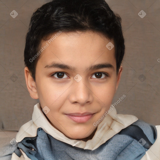 Joyful white child male with short  brown hair and brown eyes