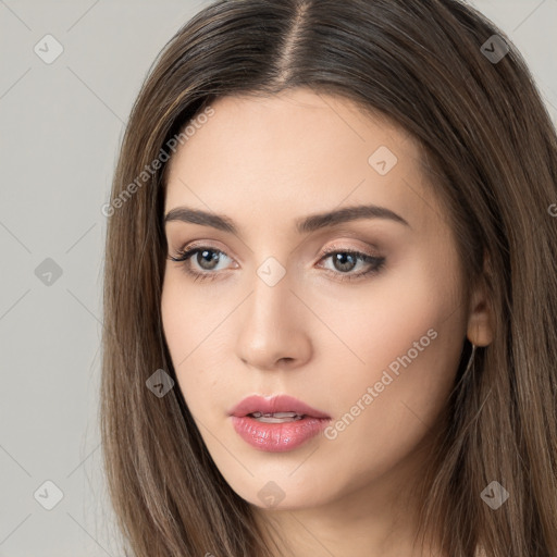 Neutral white young-adult female with long  brown hair and brown eyes