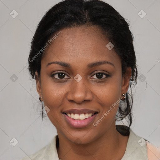 Joyful black young-adult female with medium  brown hair and brown eyes