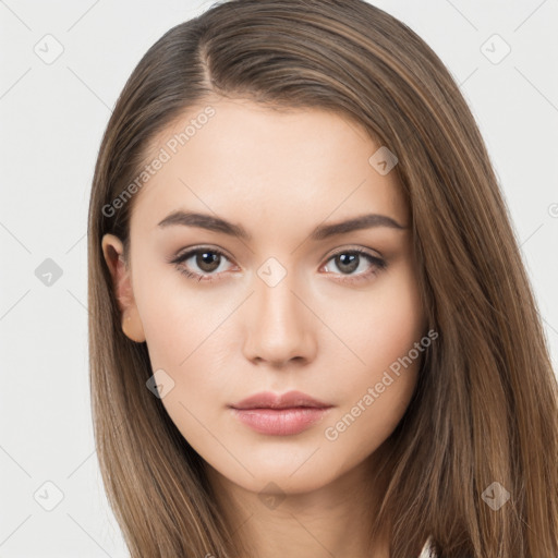 Neutral white young-adult female with long  brown hair and brown eyes