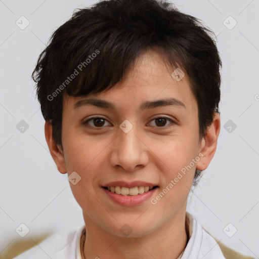 Joyful white young-adult female with short  brown hair and brown eyes