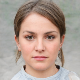 Neutral white young-adult female with medium  brown hair and grey eyes