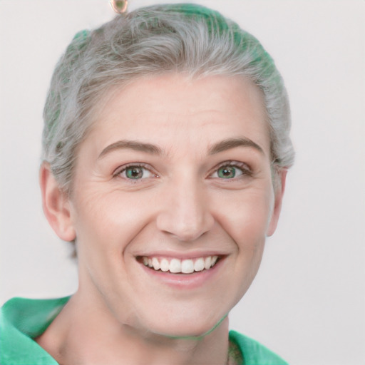 Joyful white young-adult female with short  brown hair and blue eyes