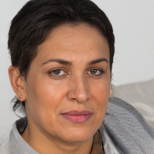 Joyful white adult female with short  brown hair and brown eyes