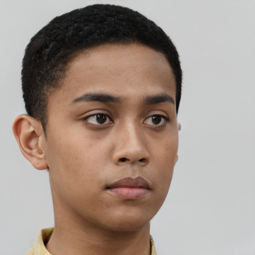 Neutral latino young-adult male with short  brown hair and brown eyes