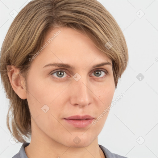 Neutral white young-adult female with medium  brown hair and grey eyes