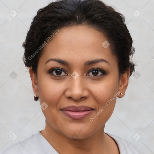 Joyful latino young-adult female with short  brown hair and brown eyes