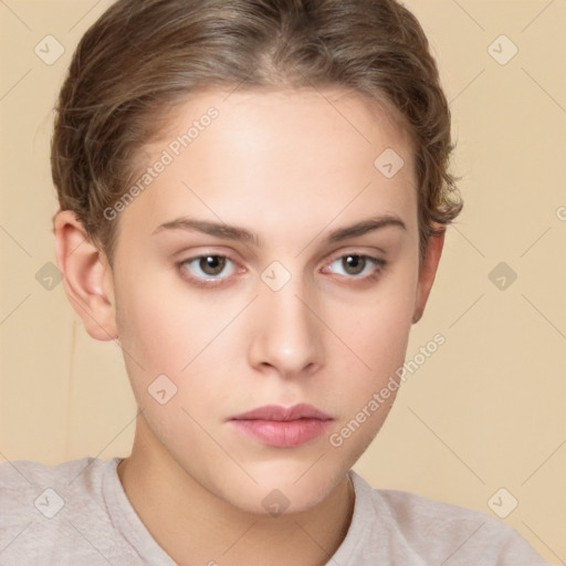 Neutral white young-adult female with short  brown hair and brown eyes