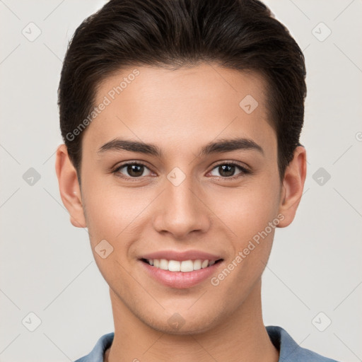 Joyful white young-adult female with short  brown hair and brown eyes