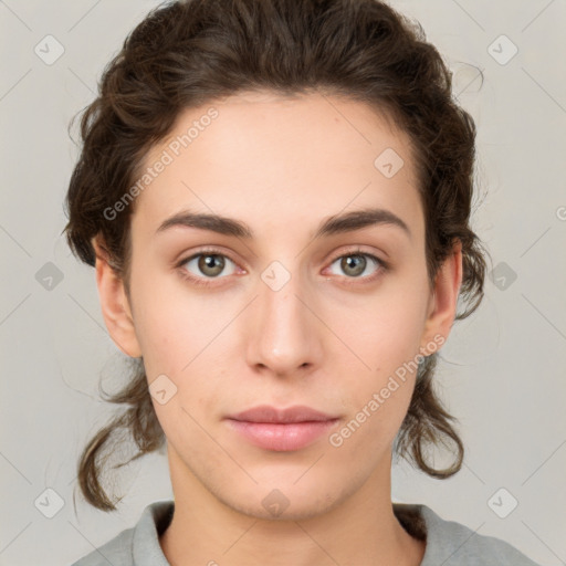 Neutral white young-adult female with medium  brown hair and brown eyes