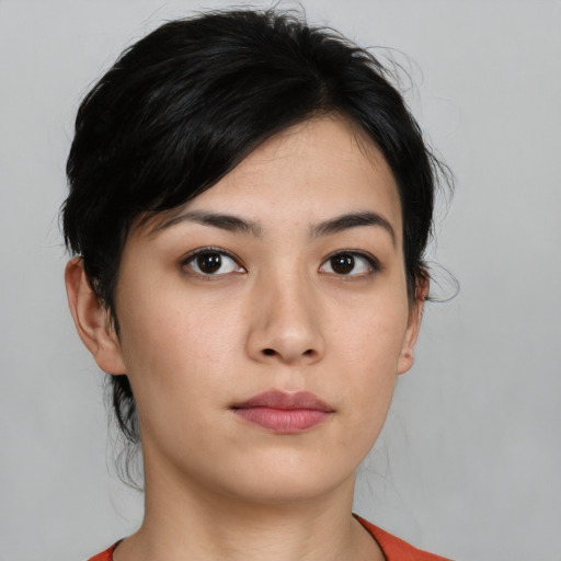 Neutral asian young-adult female with medium  black hair and brown eyes