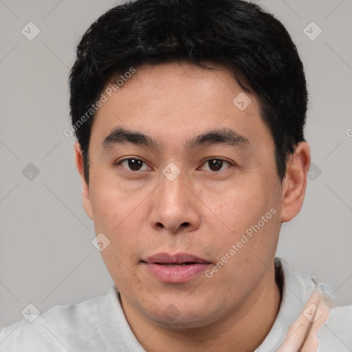 Neutral asian young-adult male with short  black hair and brown eyes