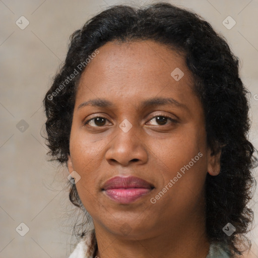 Joyful black adult female with medium  brown hair and brown eyes