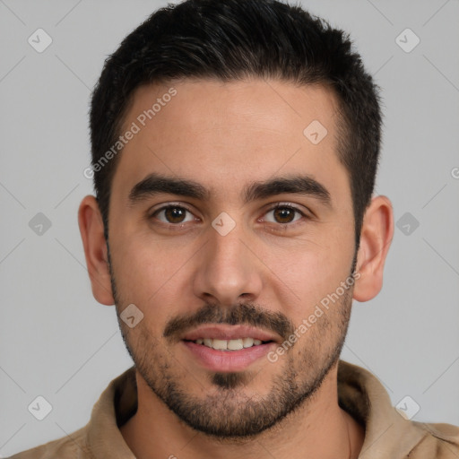 Joyful white young-adult male with short  brown hair and brown eyes