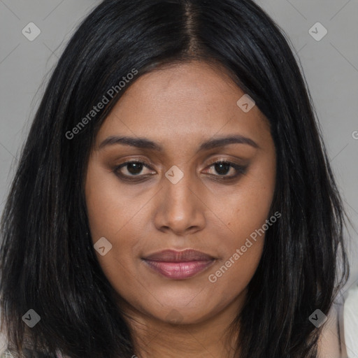 Joyful asian young-adult female with long  brown hair and brown eyes