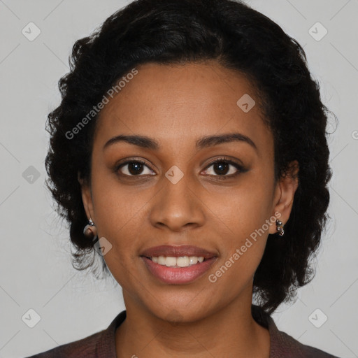 Joyful black young-adult female with medium  black hair and brown eyes