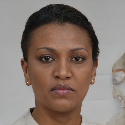 Neutral black young-adult female with short  brown hair and brown eyes