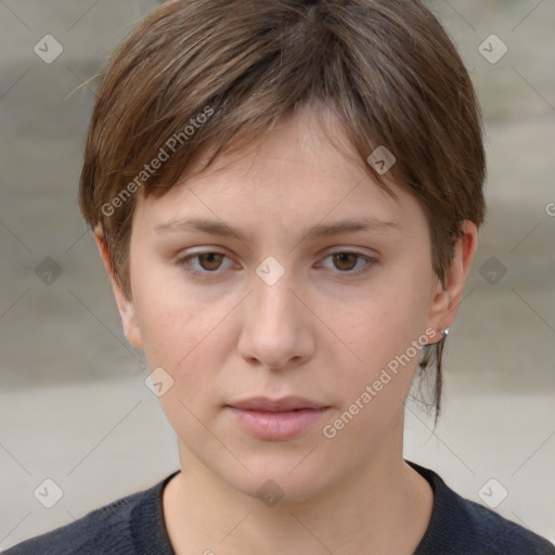 Neutral white young-adult female with medium  brown hair and brown eyes