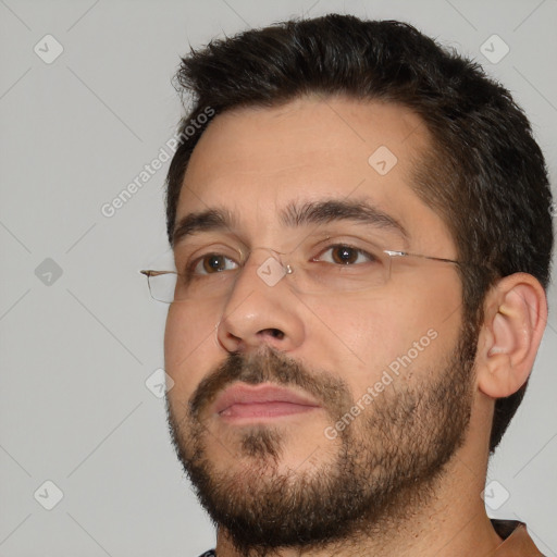 Neutral white young-adult male with short  brown hair and brown eyes