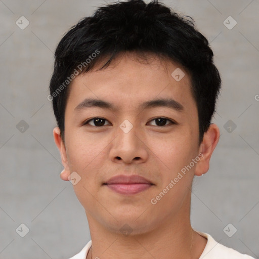 Neutral asian young-adult male with short  black hair and brown eyes