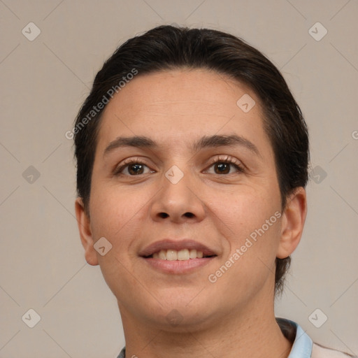 Joyful white young-adult female with short  brown hair and brown eyes