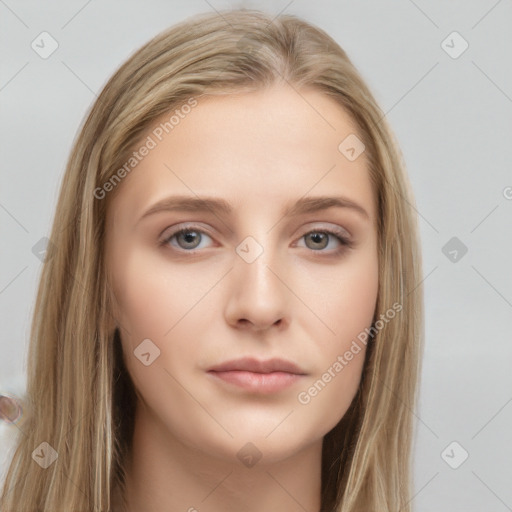 Neutral white young-adult female with long  brown hair and grey eyes