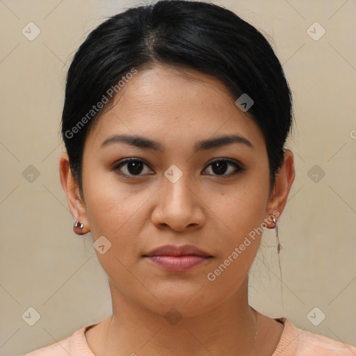 Joyful asian young-adult female with short  black hair and brown eyes