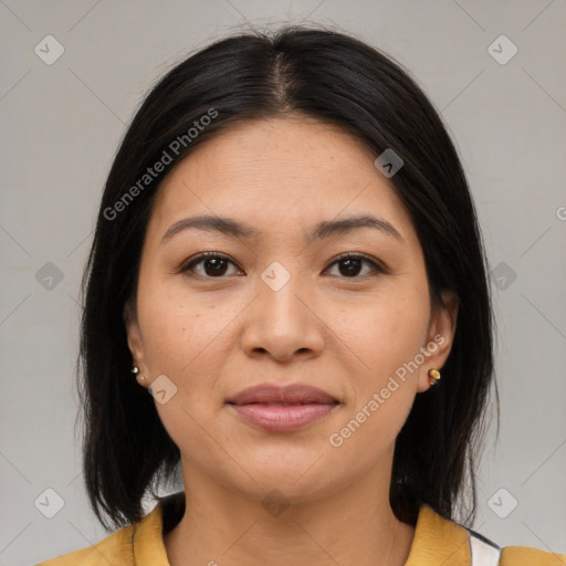 Joyful asian young-adult female with medium  brown hair and brown eyes