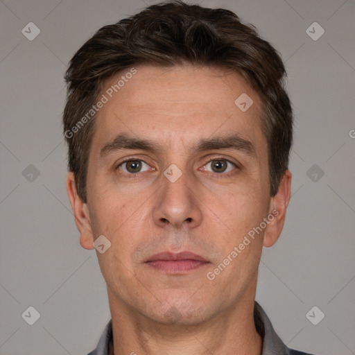 Neutral white adult male with short  brown hair and brown eyes