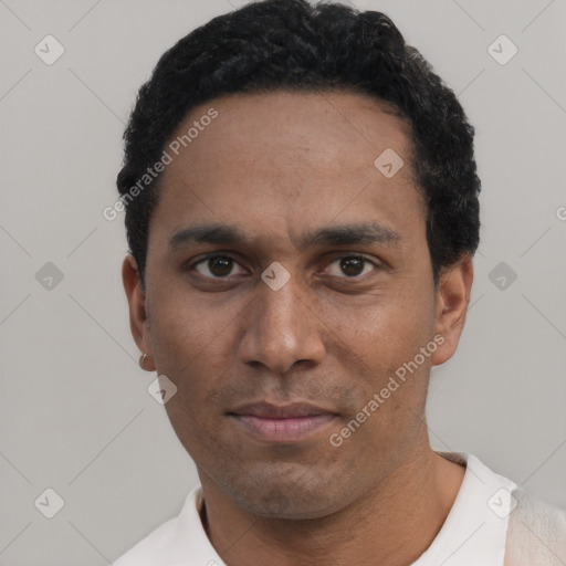 Neutral black adult male with short  black hair and brown eyes