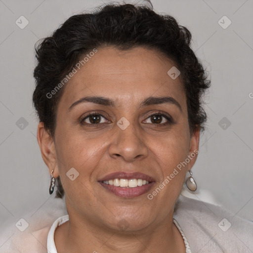 Joyful white adult female with short  brown hair and brown eyes