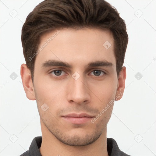 Neutral white young-adult male with short  brown hair and brown eyes