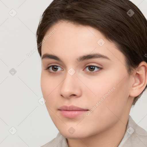 Neutral white young-adult female with medium  brown hair and brown eyes