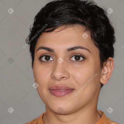 Joyful latino young-adult female with short  brown hair and brown eyes