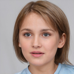 Neutral white young-adult female with medium  brown hair and grey eyes