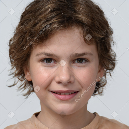 Joyful white child female with medium  brown hair and grey eyes