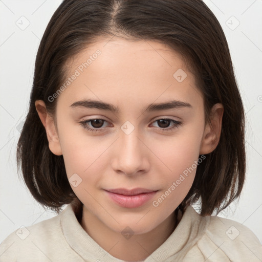 Joyful white child female with medium  brown hair and brown eyes