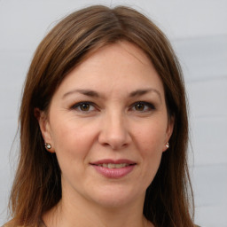 Joyful white adult female with long  brown hair and brown eyes