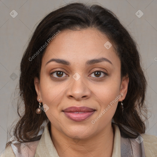 Joyful latino young-adult female with medium  brown hair and brown eyes