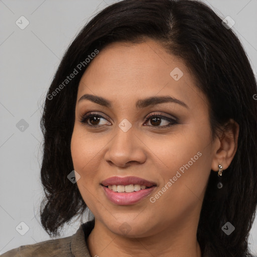 Joyful latino young-adult female with long  brown hair and brown eyes