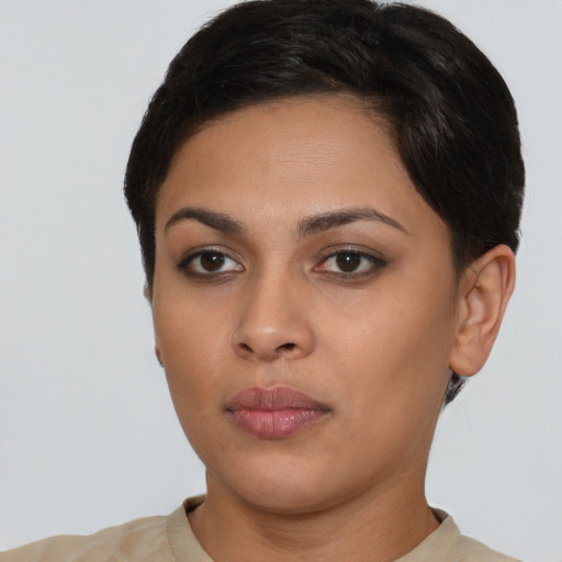 Neutral asian young-adult female with short  black hair and brown eyes