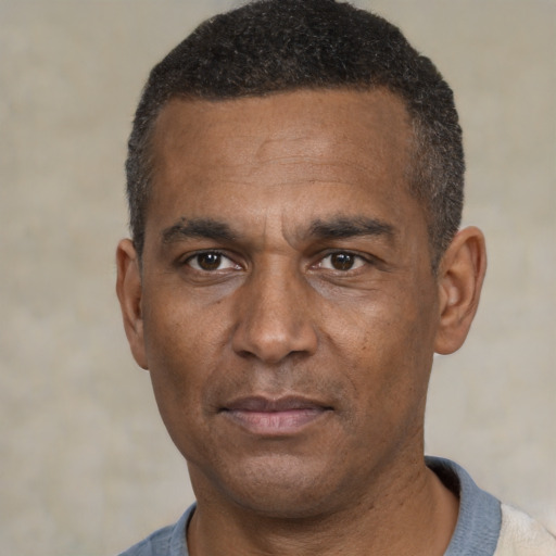 Neutral black adult male with short  black hair and brown eyes