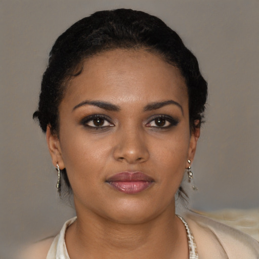 Neutral latino young-adult female with short  brown hair and brown eyes