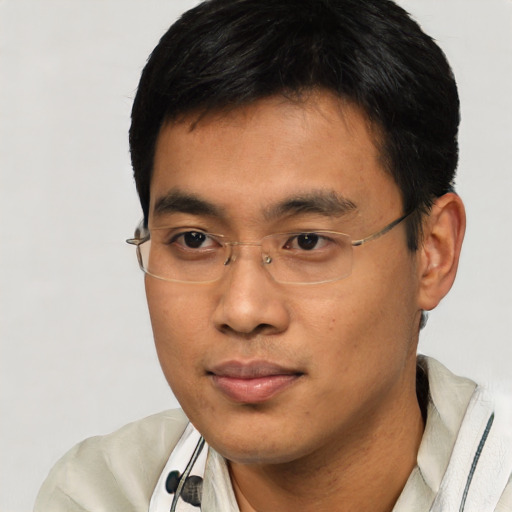 Neutral asian young-adult male with short  black hair and brown eyes