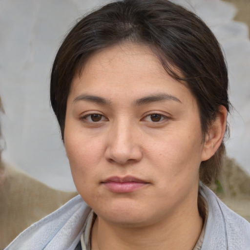 Neutral white young-adult female with medium  brown hair and brown eyes