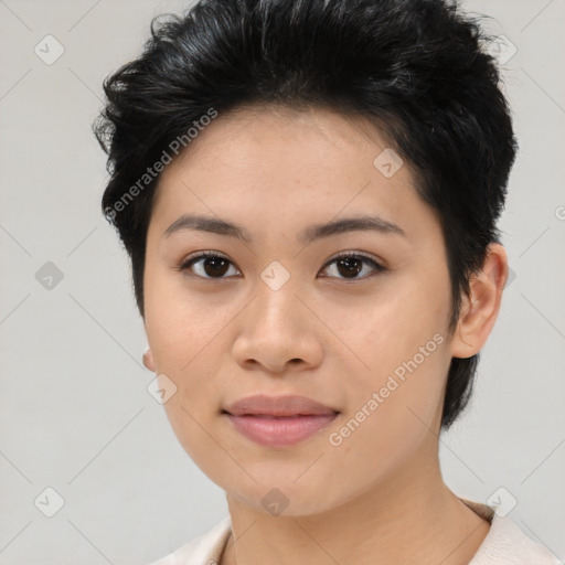 Joyful asian young-adult female with short  brown hair and brown eyes