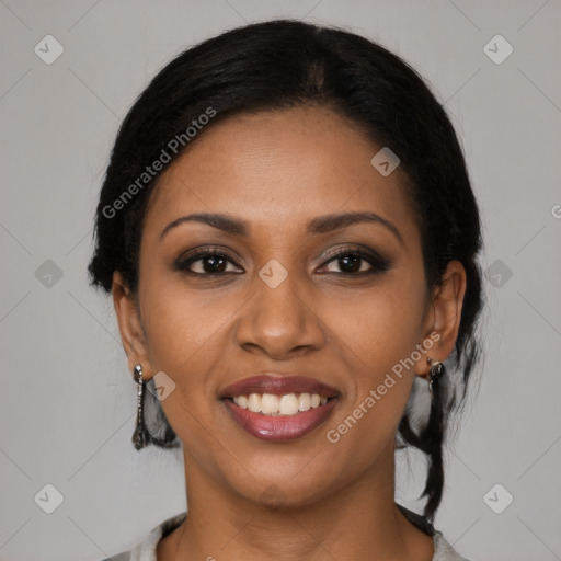 Joyful black young-adult female with medium  brown hair and brown eyes